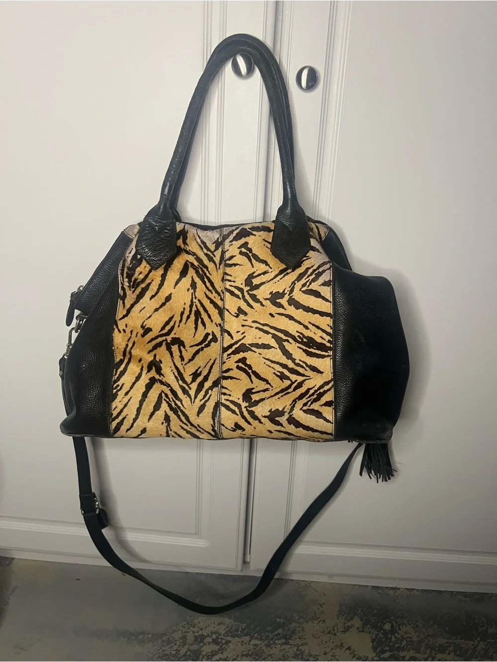Y2K Shoestock Tiger Calf Hair Leather Satchel Fringe Bag